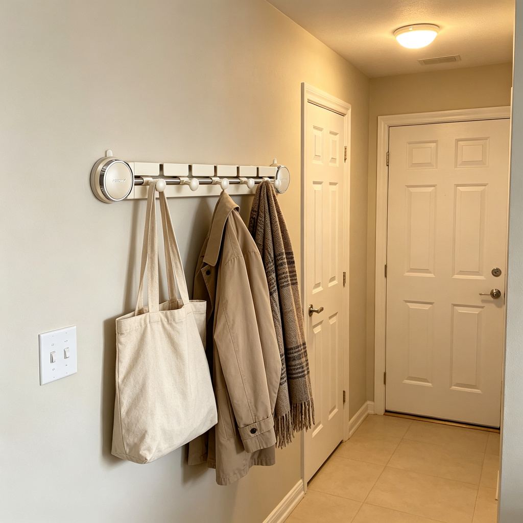 A canvas bag and jacket hanging by the door